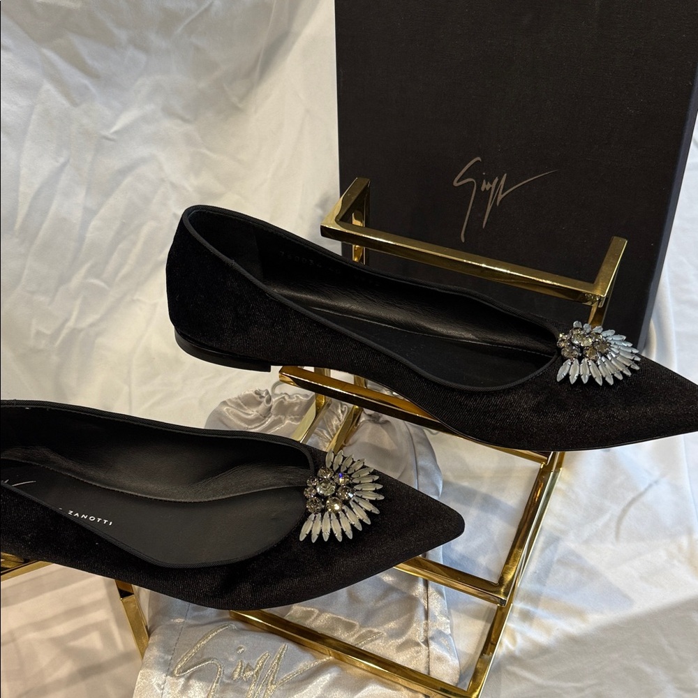 Giuseppe Zanotti Black Velvet Flats with Crystal Embellishments